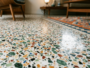 Close-up of a terrazzo floor with multicolored chips in a living room; sofa and chairs are visible in the background.